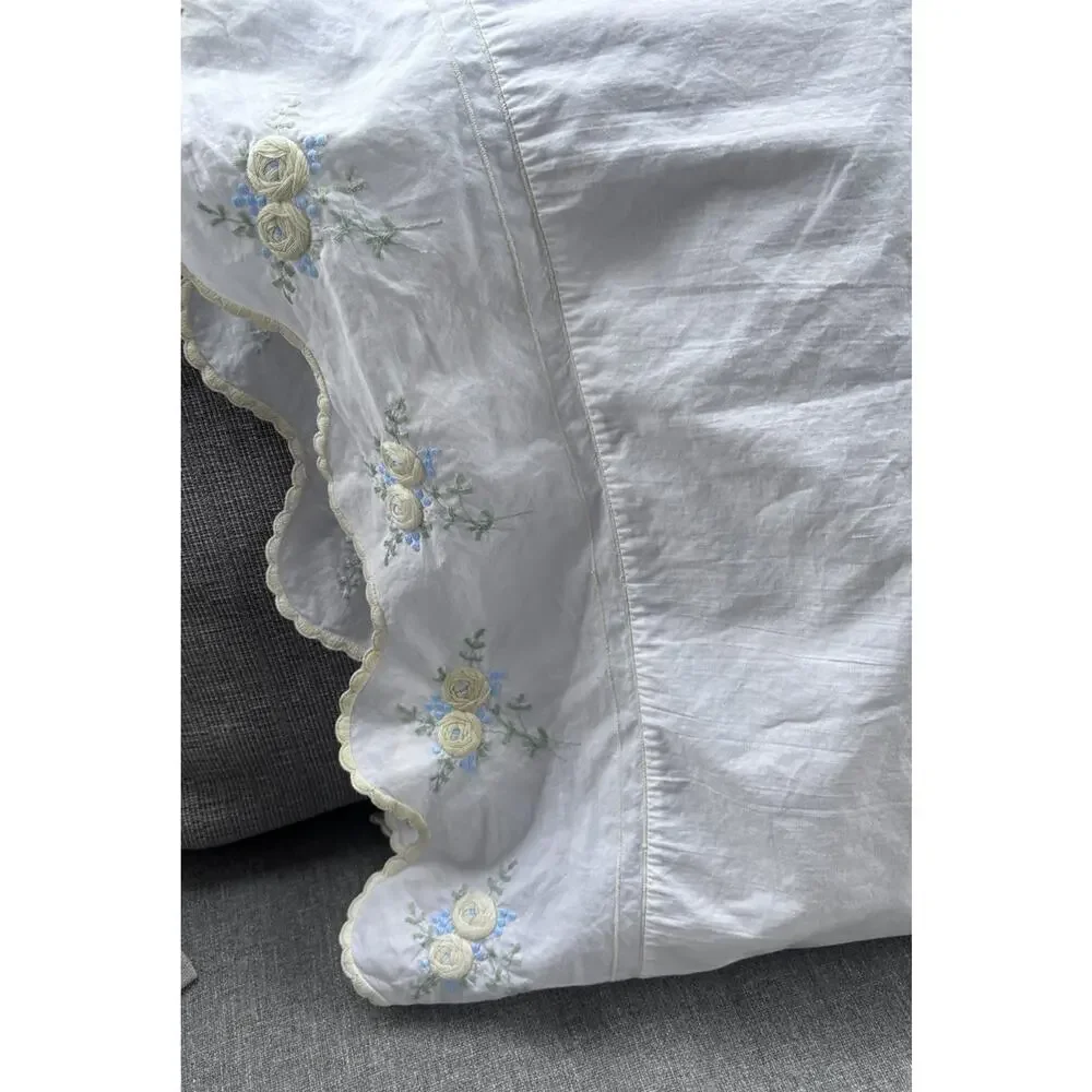 Vintage Hand Embroidered White Yellow Cotton Pillow Cover 31x22